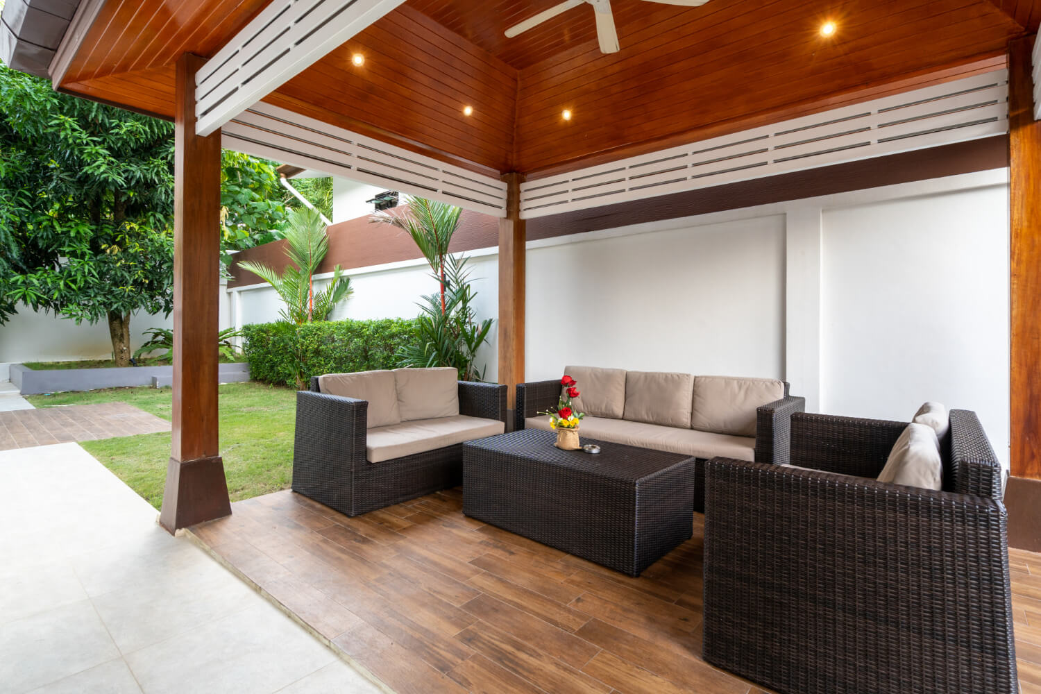 Patio Furniture Conroe - stylish brown and beige patio set under pergola