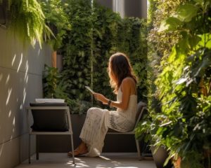 woman sitting in a small patio area with a vertical garden