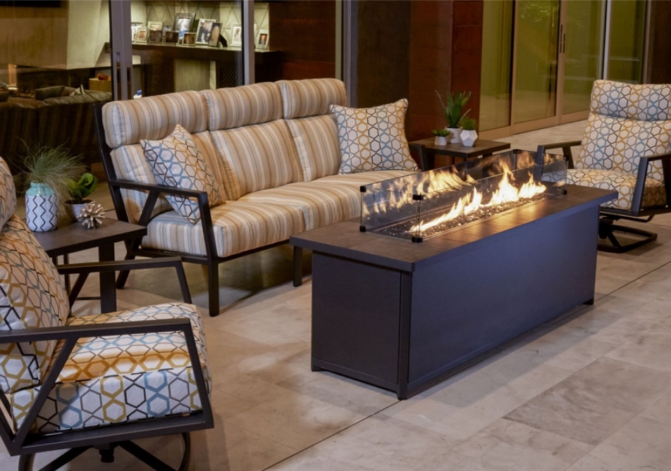 patio furniture with a fireplace